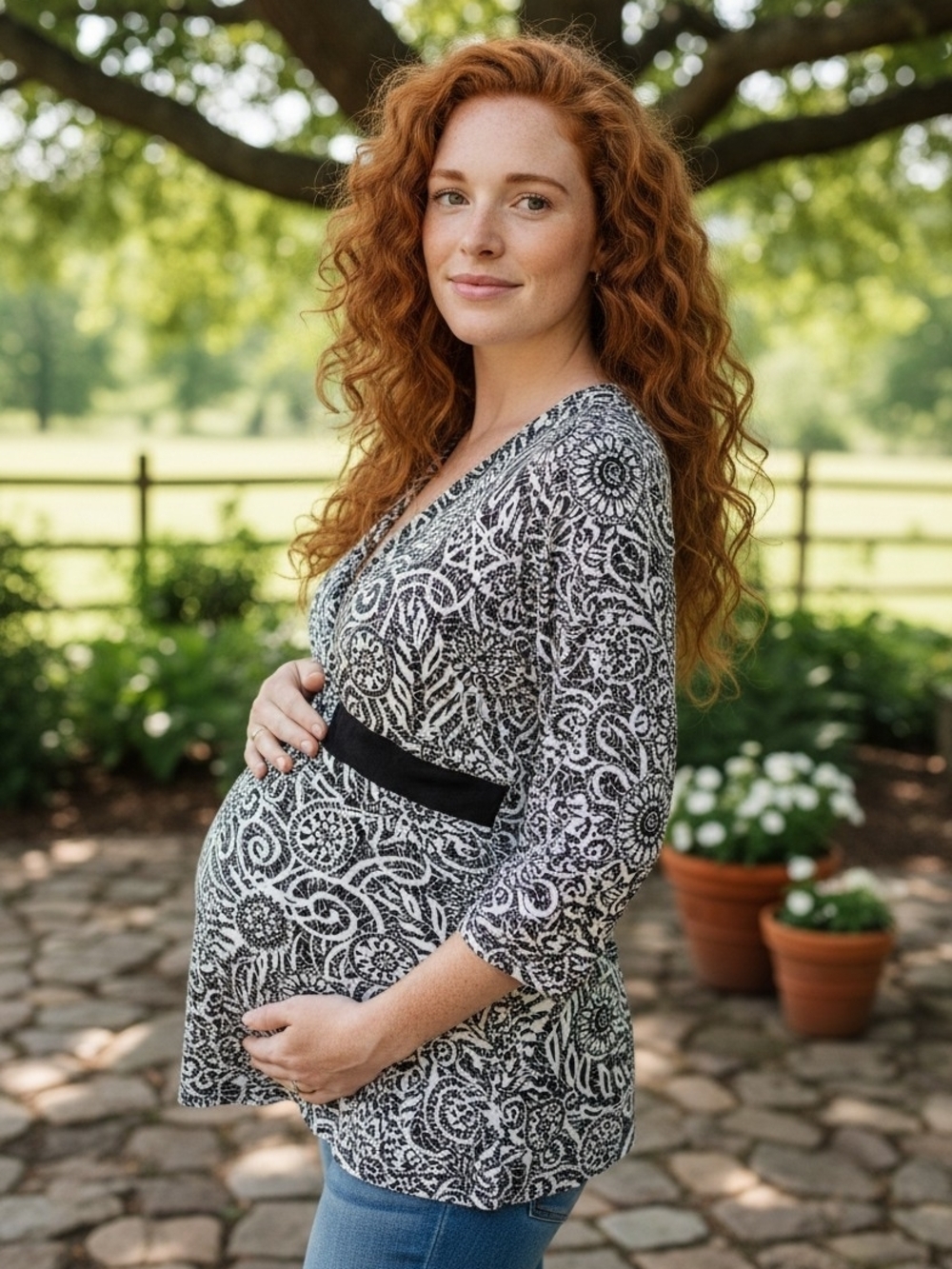 Three Seasons Maternity Black and White Paisley Maternity Top